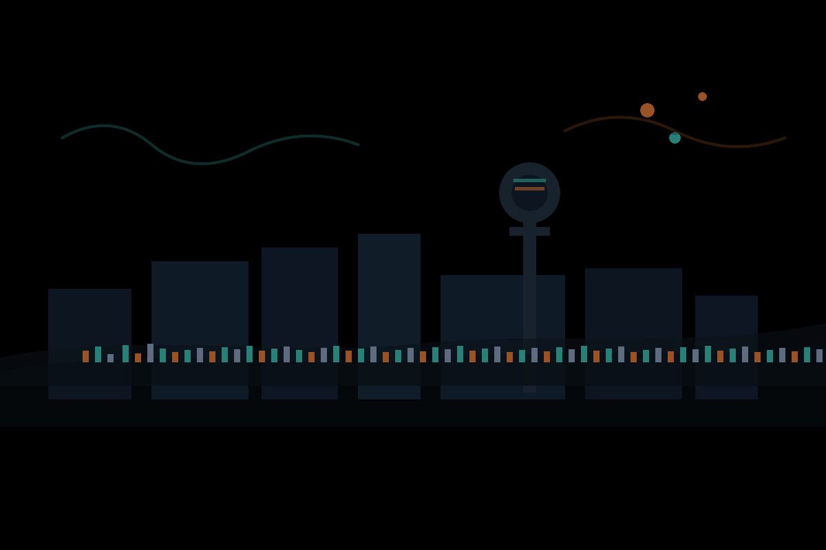 Värikynäpiirros Tampereen siluetista ja Näsinneulasta